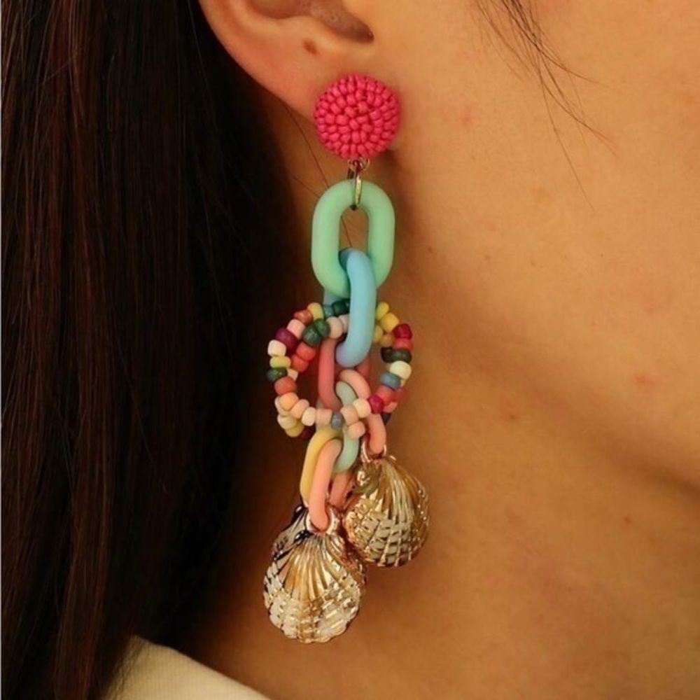 Bohemian Summer Colorful Tassel Chain Beaded Shell Chain Beach Vacay Earrings